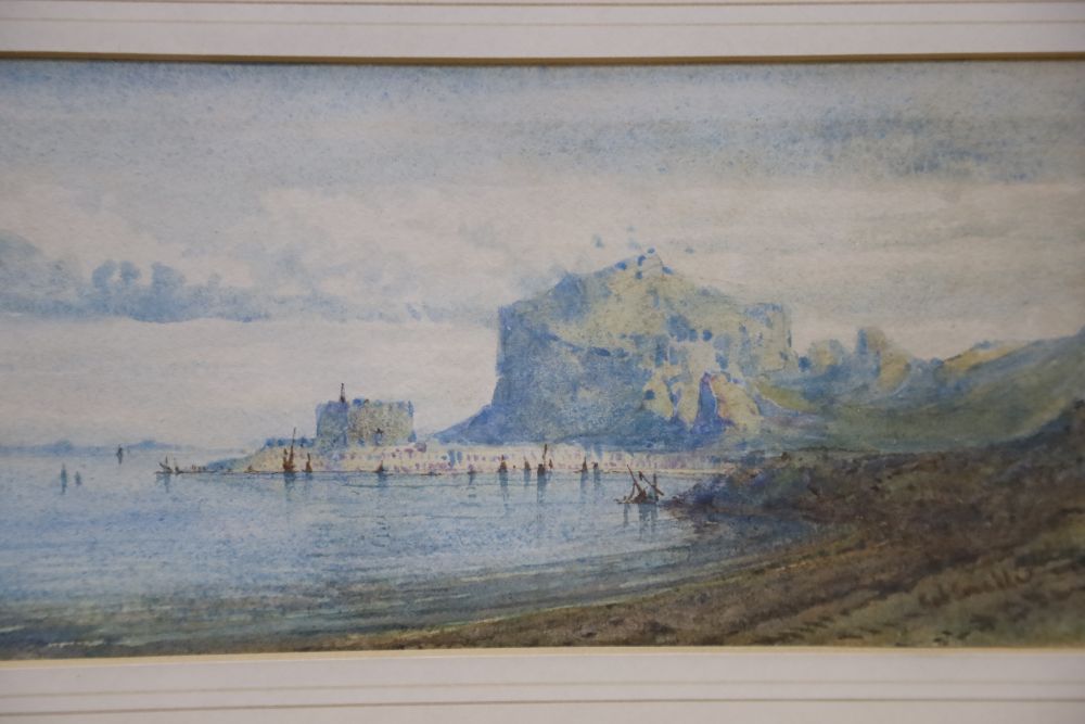 Gabriel Carelli (1820-1880), watercolour, Italian coastal landscape, signed, 12 x 26cm
